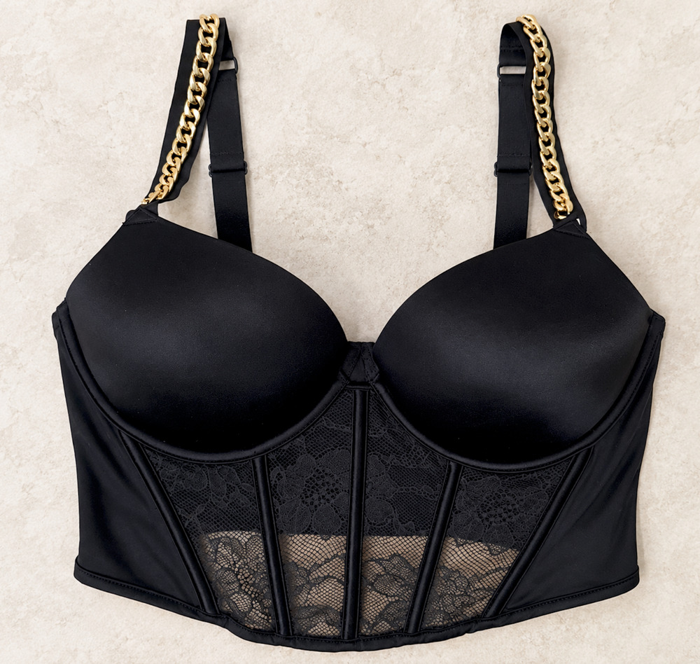 Victoria's Secret Bombshell Add 2 Cups Longline Corset Bra Black Lace Chain 34D